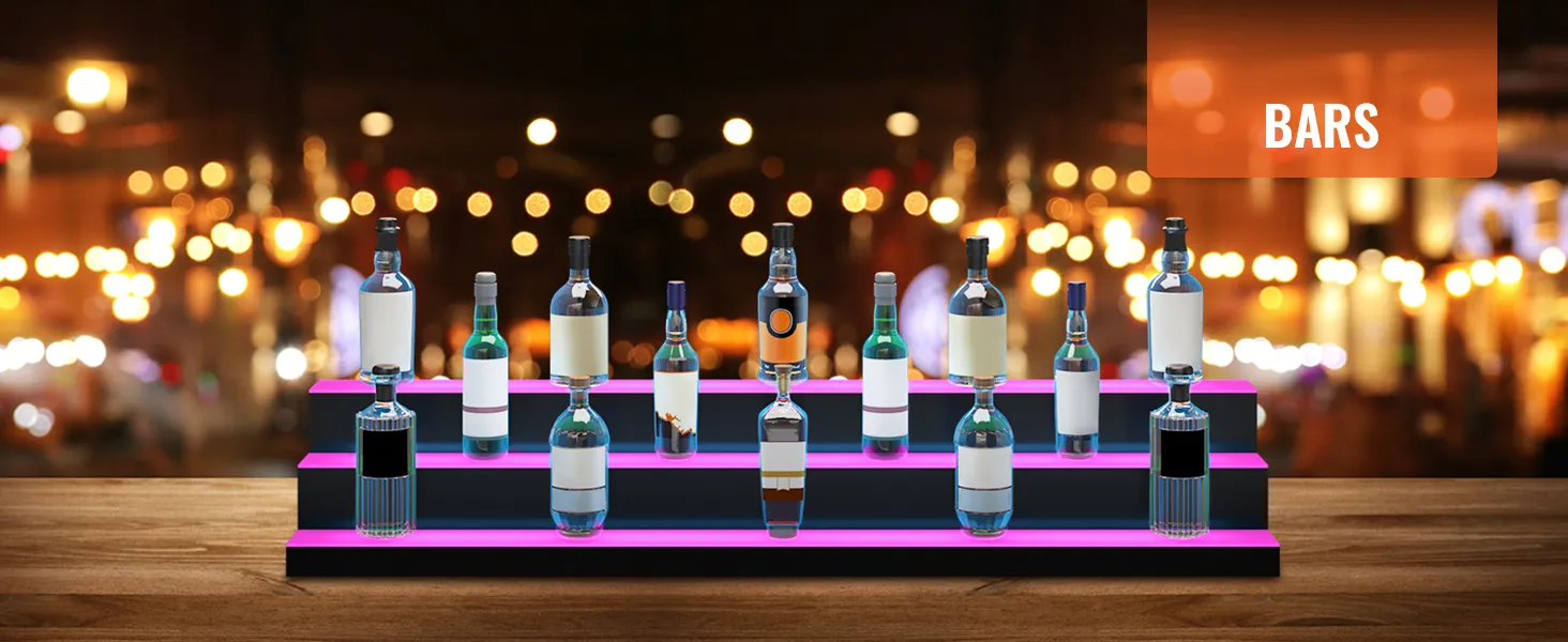 Exhibidor de botellas de licor LED VEVOR que muestra varias botellas en un soporte iluminado con un fondo de barra.