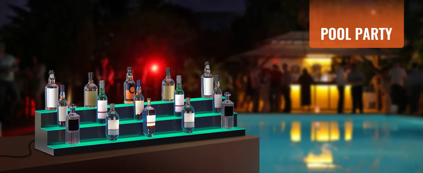Escena de fiesta en la piscina con exhibición de botellas de licor LED VEVOR que muestra varias botellas iluminadas.