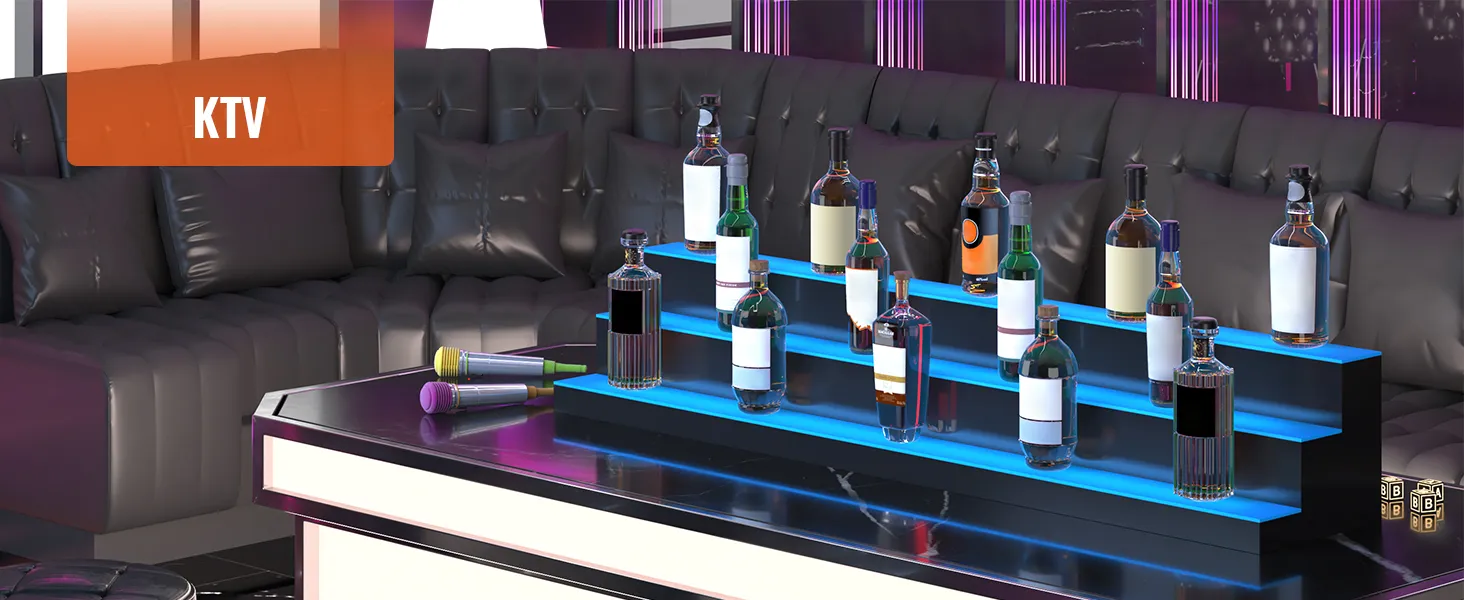 Exhibición de botellas de licor LED VEVOR con varias botellas en un elegante entorno de salón de KTV.