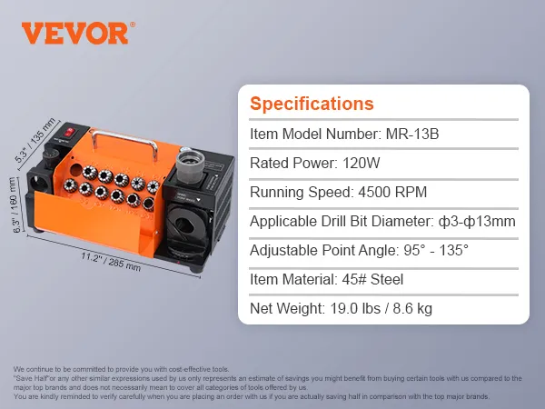 Affilatrice per punte da trapano VEVOR mr-13b, 120w, 4500 giri/min, φ3-φ13mm, angolo di punta regolabile, accessori inclusi