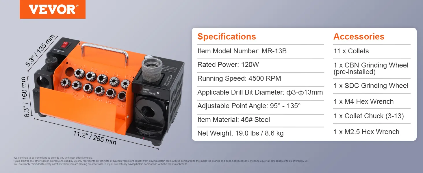 Affilatrice per punte da trapano VEVOR mr-13b, 120w, 4500 giri/min, φ3-φ13mm, angolo di punta regolabile, accessori inclusi