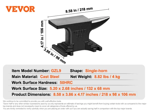 VEVOR anvil, model gzl9, single-horn, cast steel, 8.82 lbs, dimensions 8.58 x 3.86 x 4.17 inches.
