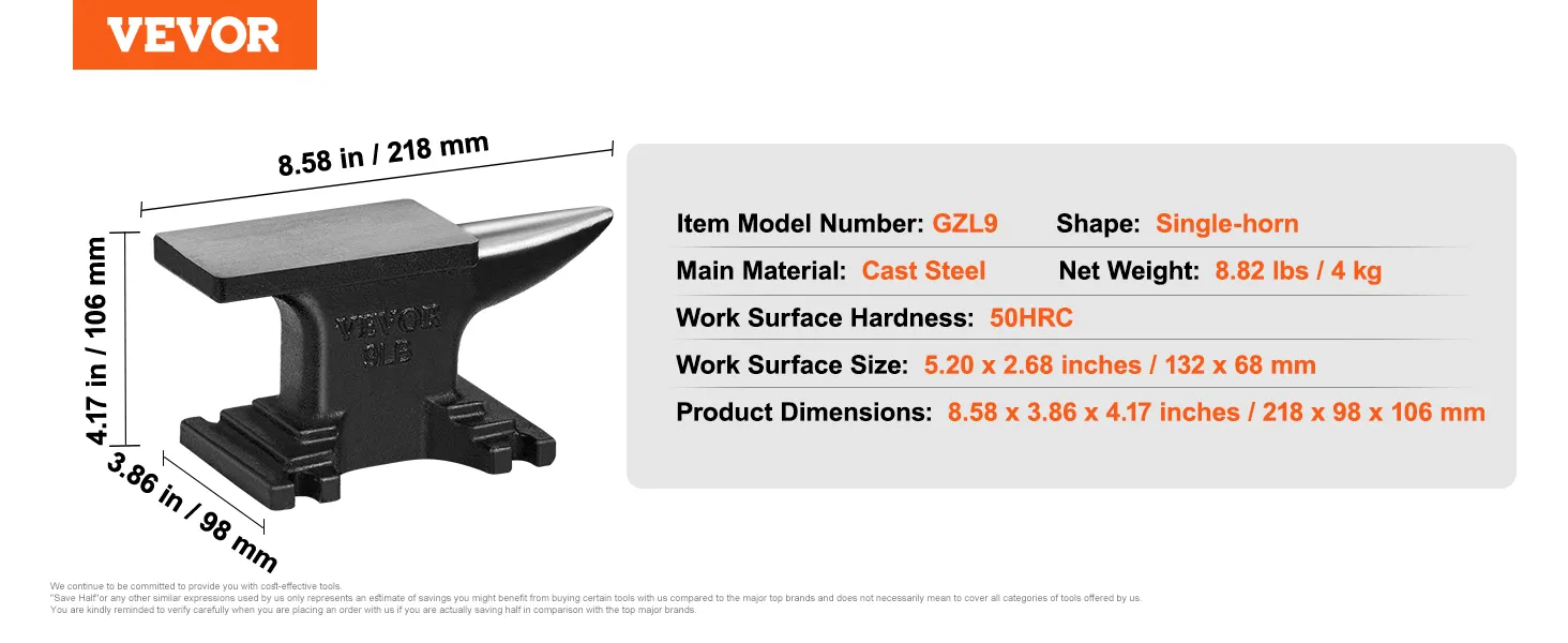 VEVOR anvil, model gzl9, single-horn, cast steel, 8.82 lbs, dimensions 8.58 x 3.86 x 4.17 inches.