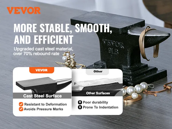 VEVOR anvil with cast steel surface, showcasing jewelry, and highlighting resistance to deformation.
