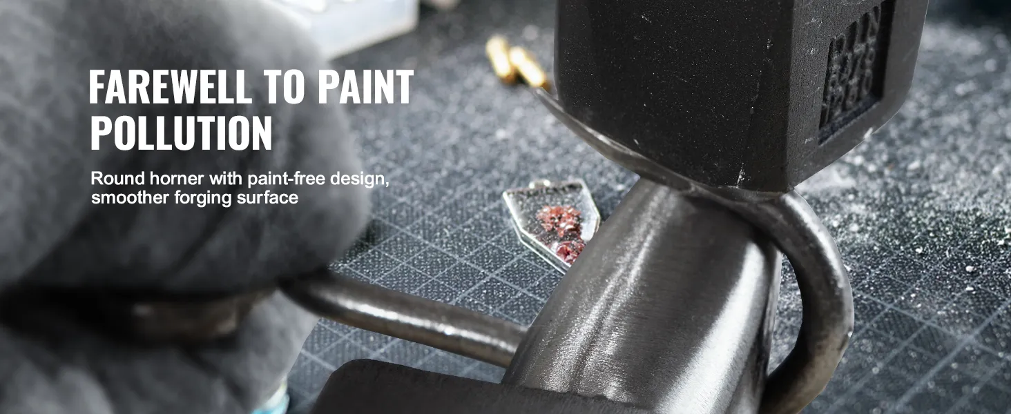 VEVOR anvil close-up with round horn and paint-free design for a smoother forging surface.