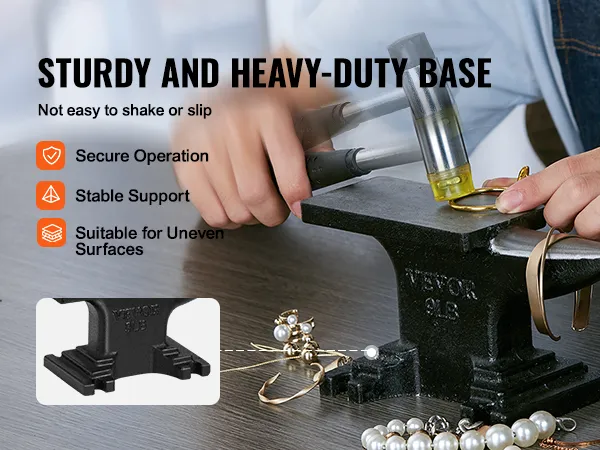 VEVOR anvil in use for jewelry making, showcasing secure operation and stable support on a table.