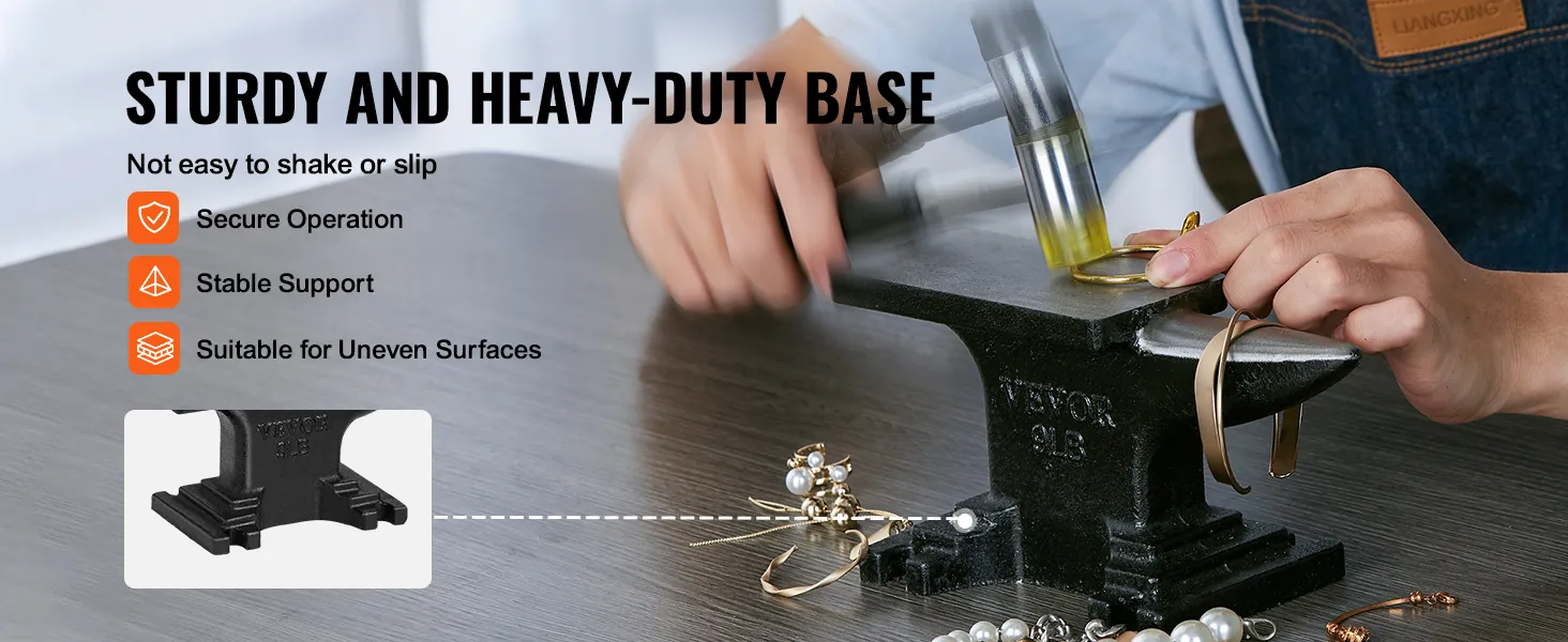 VEVOR anvil in use for jewelry making, showcasing secure operation and stable support on a table.
