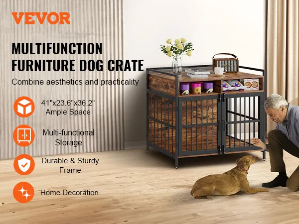 VEVOR furniture style dog crate showcasing ample space and multifunctional storage in a cozy living room.