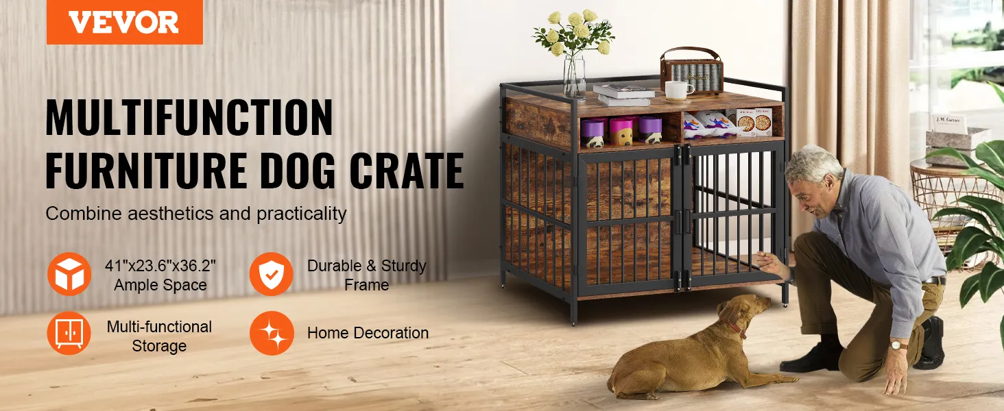 VEVOR furniture style dog crate showcasing ample space and multifunctional storage in a cozy living room.