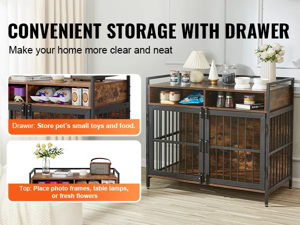 VEVOR furniture style dog crate with storage drawer and display space in cozy living room setting.