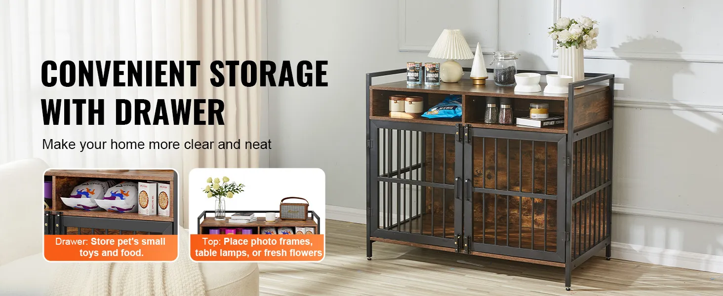 VEVOR furniture style dog crate with storage drawer and display space in cozy living room setting.