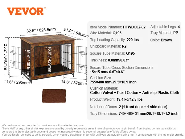 VEVOR dog crate furniture, rustic brown, metal frame, cushion, 32.5"x21.9"x25.2", 2 doors, 220 lbs capacity.