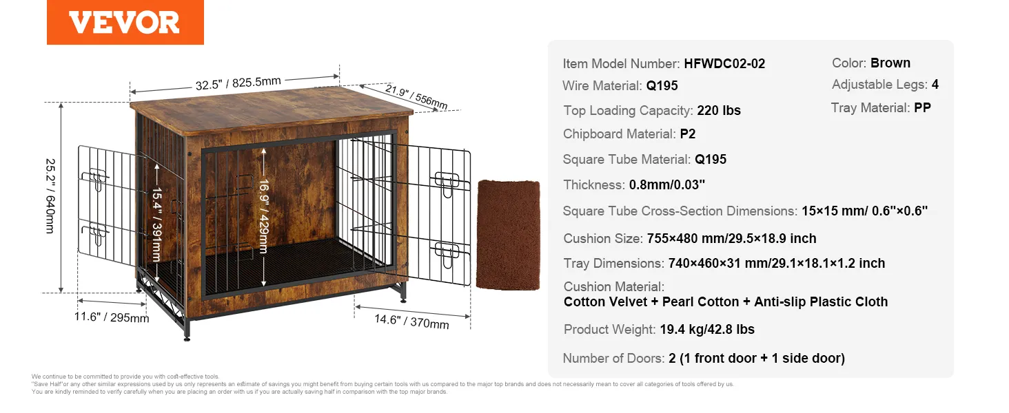 VEVOR dog crate furniture, rustic brown, metal frame, cushion, 32.5"x21.9"x25.2", 2 doors, 220 lbs capacity.