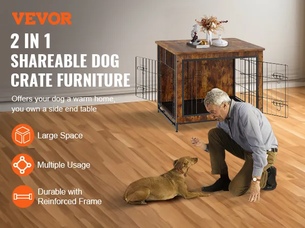 VEVOR dog crate furniture, 2-in-1 shareable design, offers large space, durability, and multiple usage.