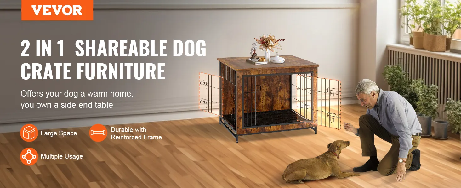 VEVOR dog crate furniture, 2-in-1 shareable design, offers large space, durability, and multiple usage.