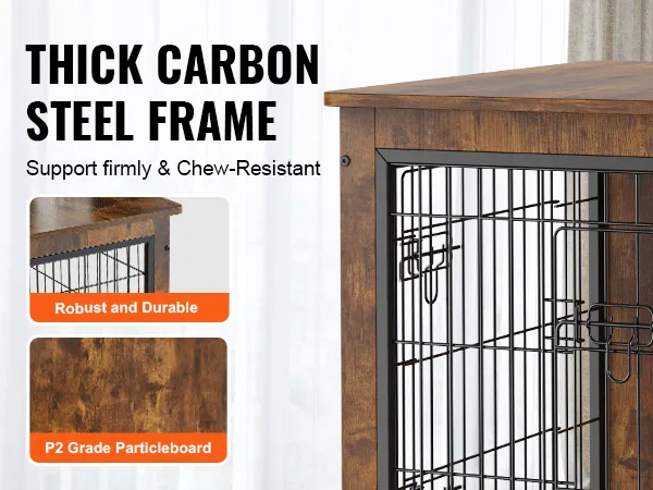 VEVOR dog crate furniture with thick carbon steel frame, robust particleboard, and l-shaped lock.