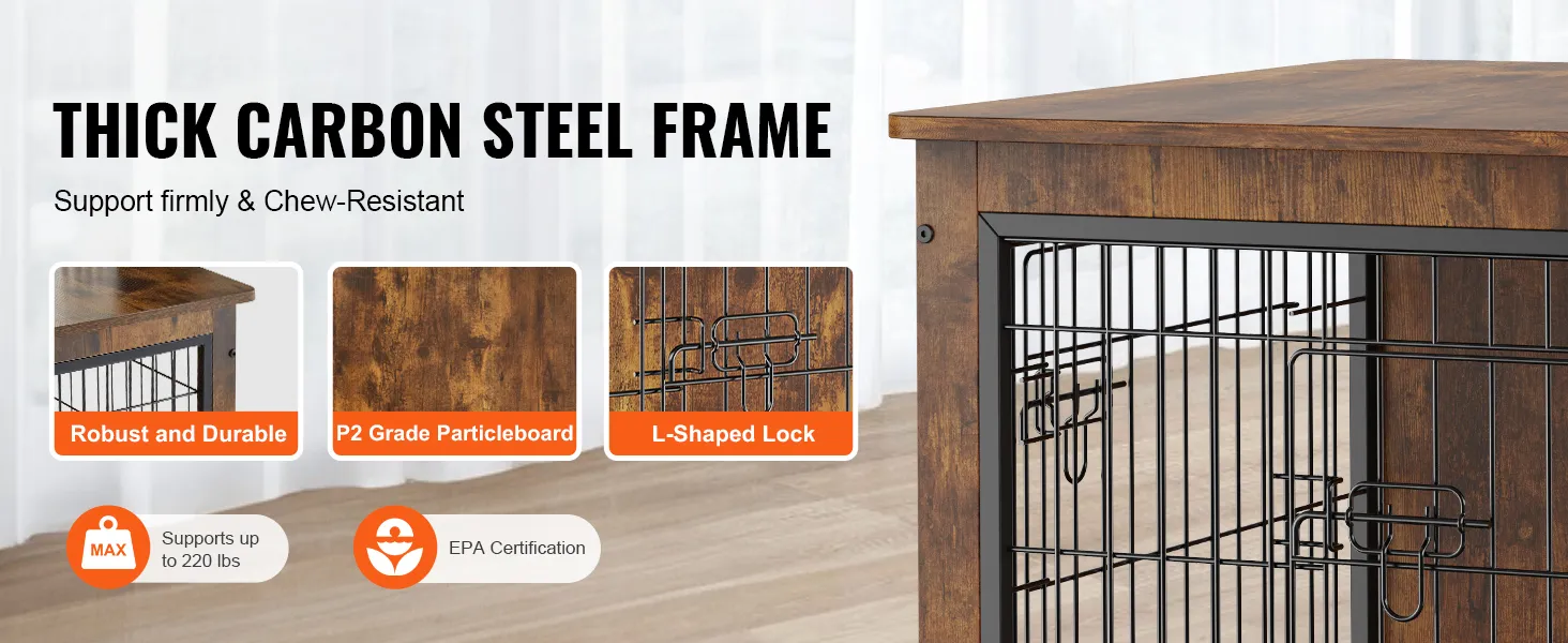 VEVOR dog crate furniture with thick carbon steel frame, robust particleboard, and l-shaped lock.