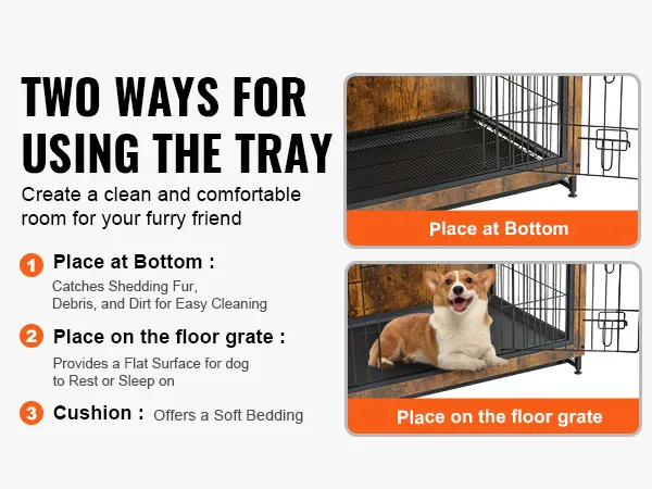 two ways to use tray in VEVOR dog crate furniture. corgi lying on floor grate with cushion.
