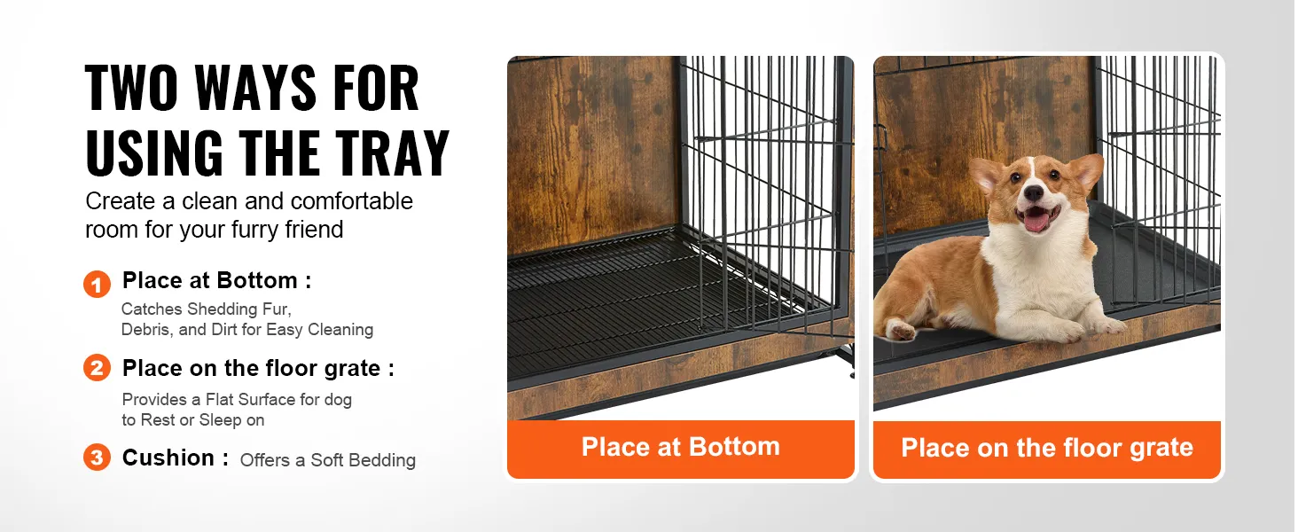 two ways to use tray in VEVOR dog crate furniture. corgi lying on floor grate with cushion.