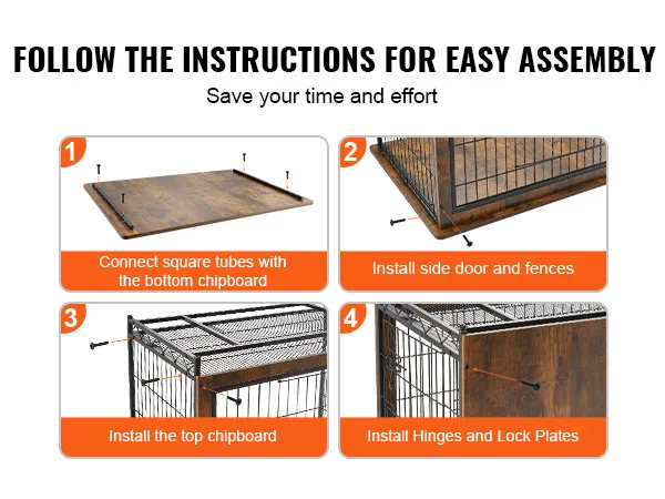 quick 4-step assembly guide for VEVOR dog crate furniture, from base to finishing details.