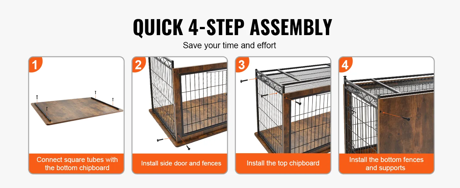 quick 4-step assembly guide for VEVOR dog crate furniture, from base to finishing details.