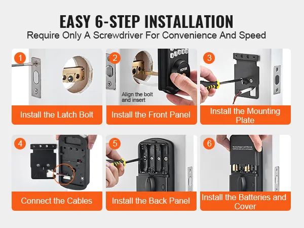 Guía de instalación sencilla de 6 pasos para la cerradura de puerta con huella dactilar VEVOR, que solo requiere un destornillador para su configuración.