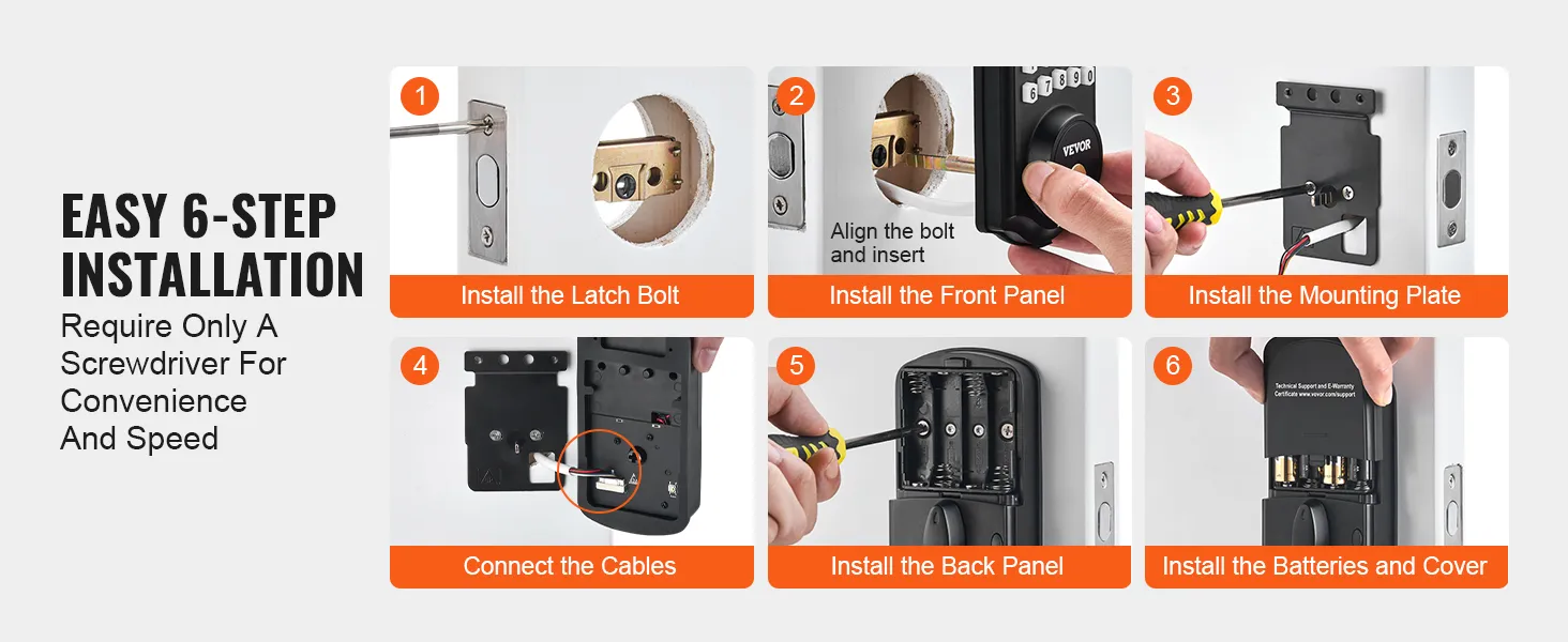Guía de instalación sencilla de 6 pasos para la cerradura de puerta con huella dactilar VEVOR, que solo requiere un destornillador para su configuración.