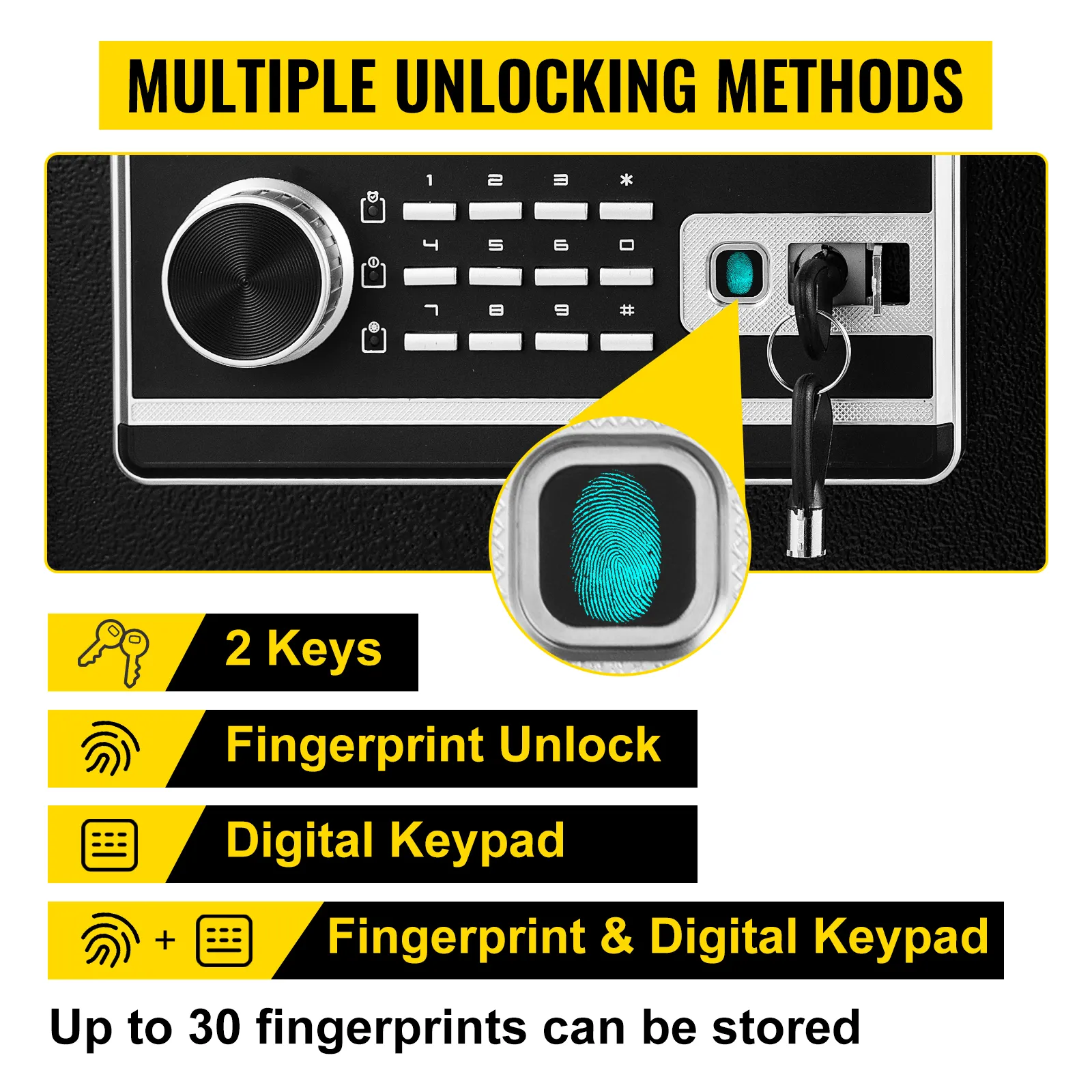 Caja de seguridad con huella dactilar VEVOR con múltiples métodos de desbloqueo, incluidas 2 llaves y teclado digital.