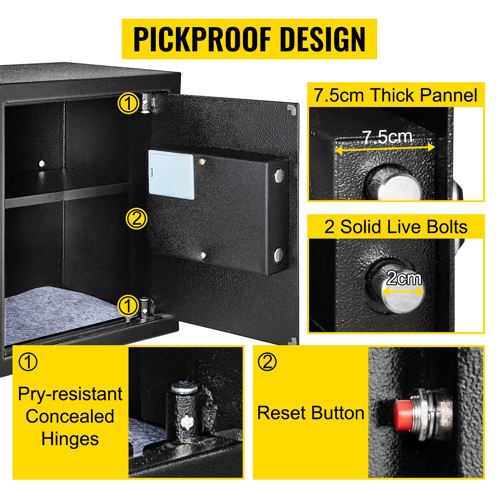 Caja de seguridad con reconocimiento de huellas dactilares VEVOR con bisagras resistentes a palancas, botón de reinicio y panel de 7,5 cm de grosor.