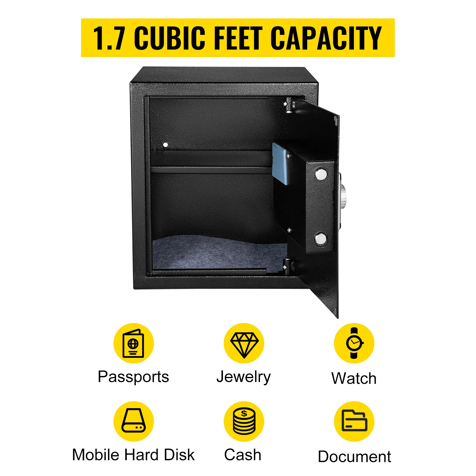 Caja de seguridad con huella dactilar VEVOR con capacidad de 1,7 pies cúbicos, ideal para guardar objetos de valor.