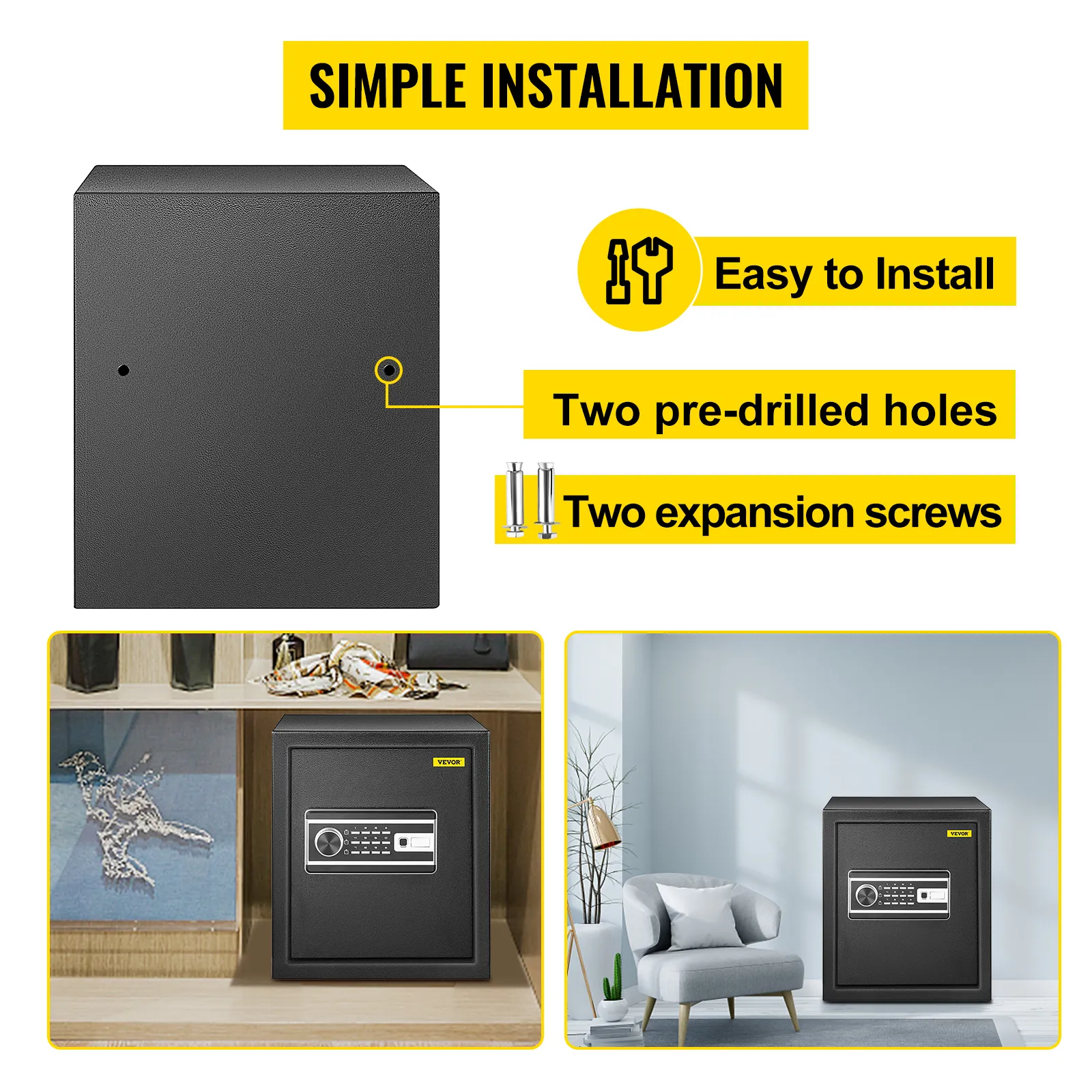 Caja de seguridad con huella dactilar VEVOR con fácil instalación y orificios pretaladrados.