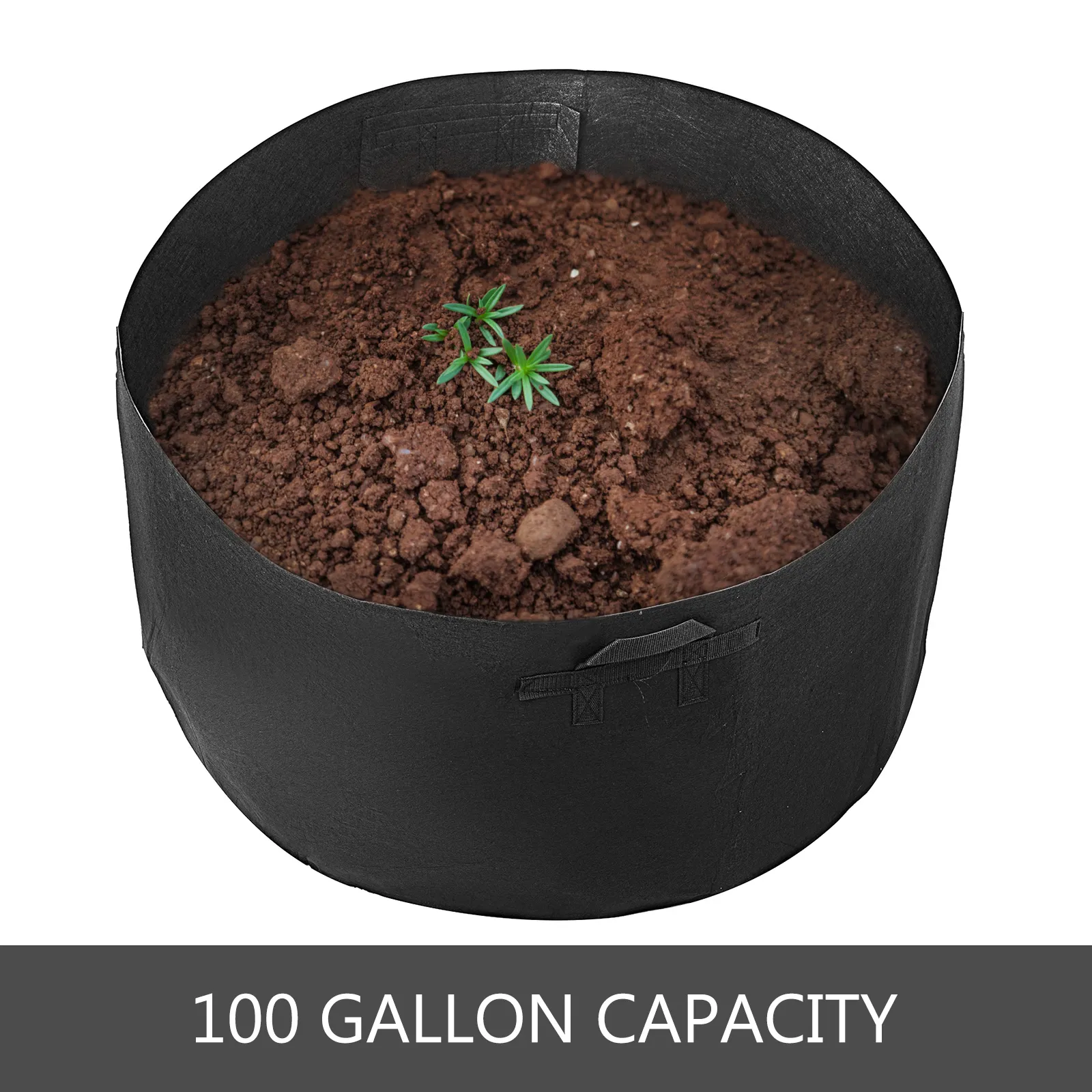 Bolsa de cultivo VEVOR de 100 galones con tierra y planta pequeña.