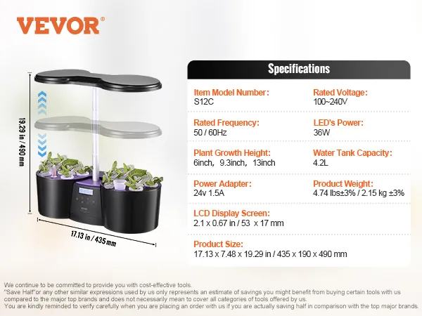 Especificaciones del sistema hidropónico VEVOR y contenido del paquete mostrados con configuración de planta en blanco y negro.