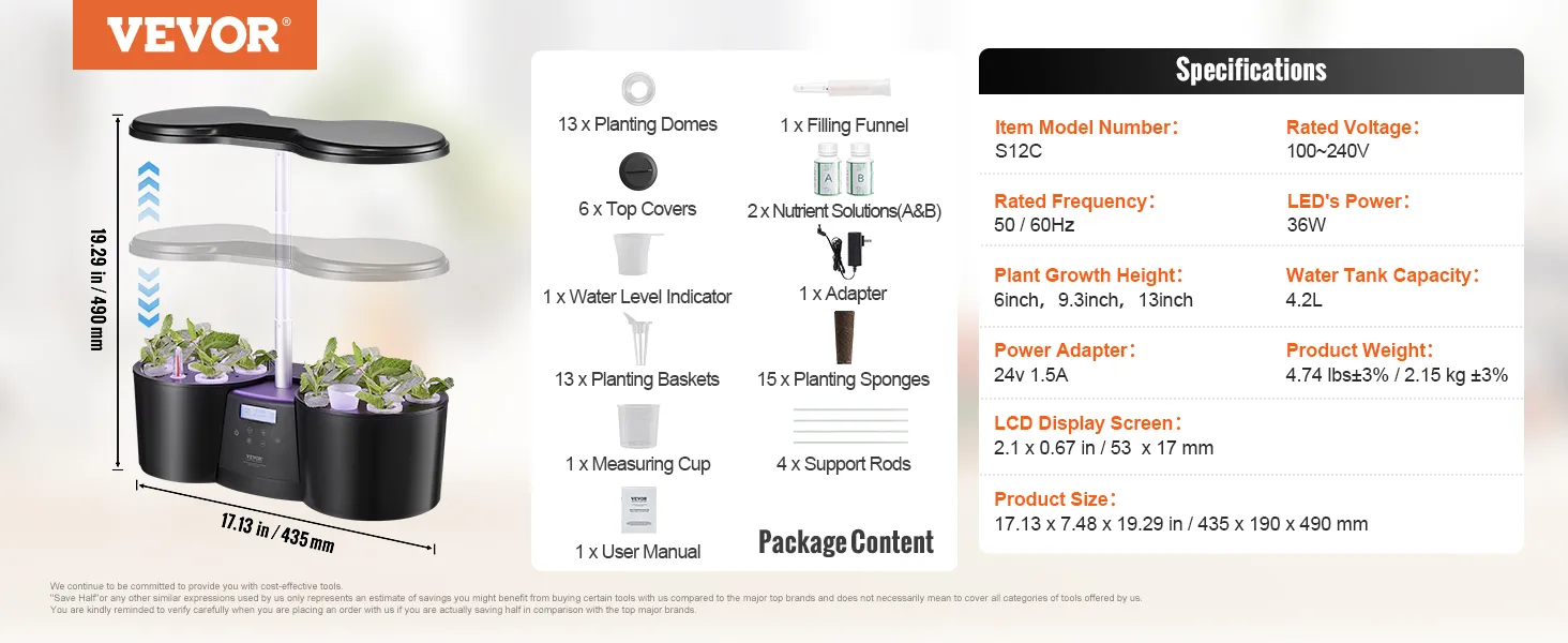 Especificaciones del sistema hidropónico VEVOR y contenido del paquete mostrados con configuración de planta en blanco y negro.