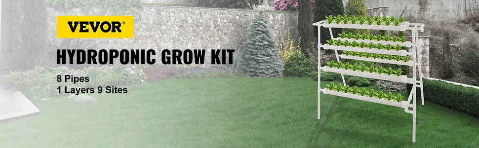 VEVOR Hydrokultur-Anbausystem mit 8 Rohren und 1 Schicht, 9 Standorten, in einer Gartenumgebung.
