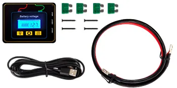 Inversor de corriente VEVOR con pantalla de voltaje de batería, cable USB, tornillos y juego de cableado.
