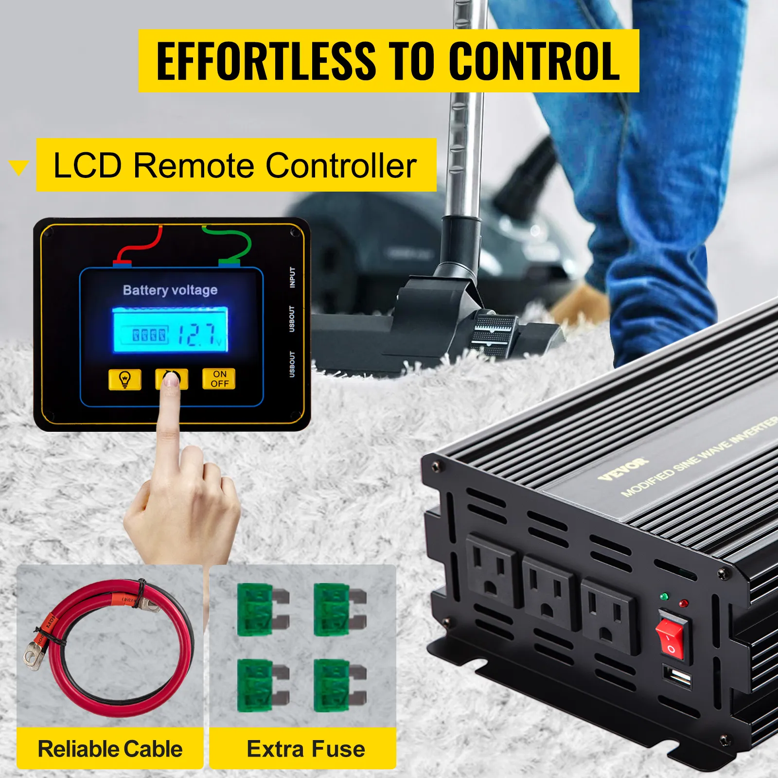 Inversor de corriente VEVOR con control remoto LCD, cable confiable, fusible adicional, aspiradora.