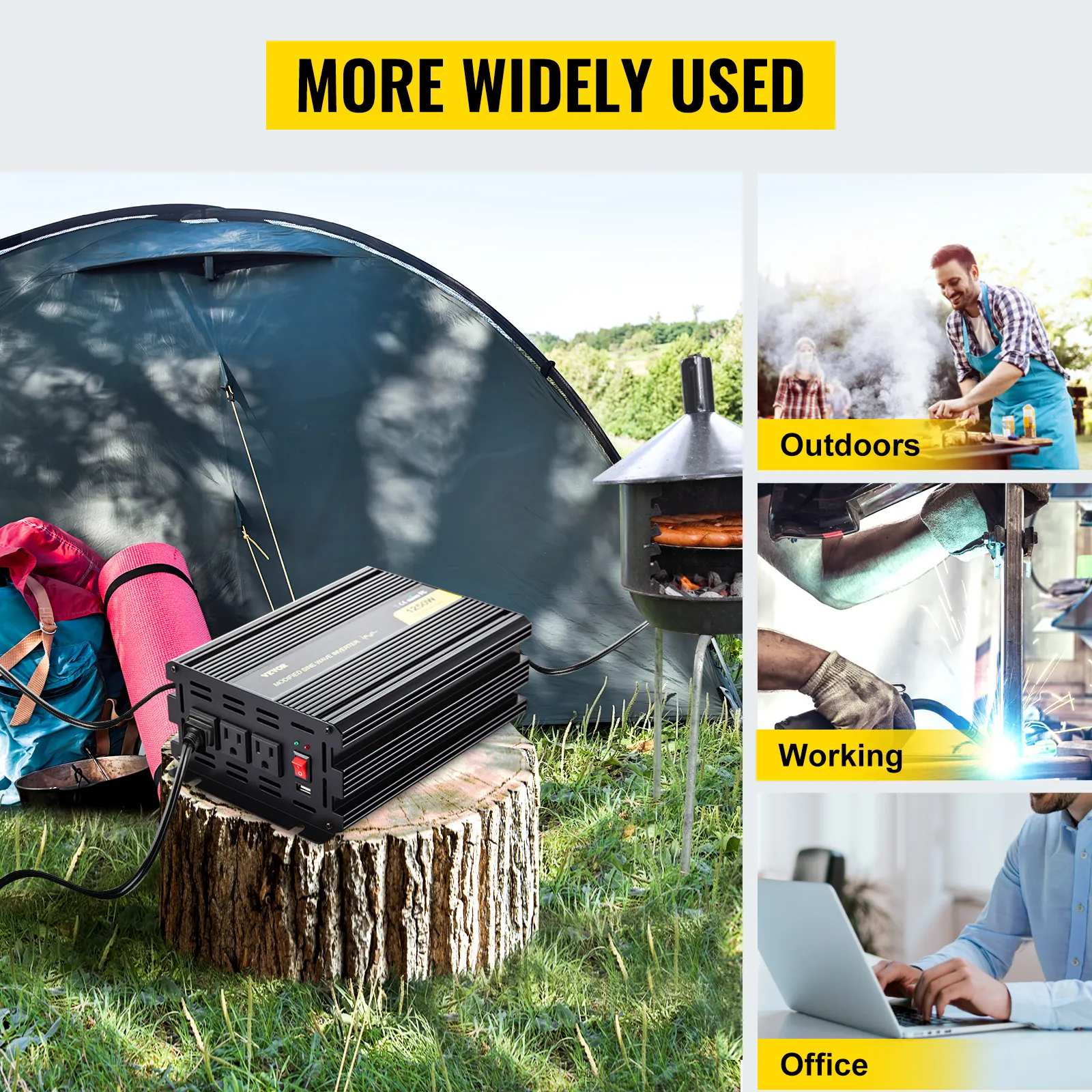 Inversor de corriente VEVOR para acampar, al aire libre, trabajar y usar en la oficina. Más ampliamente utilizado.