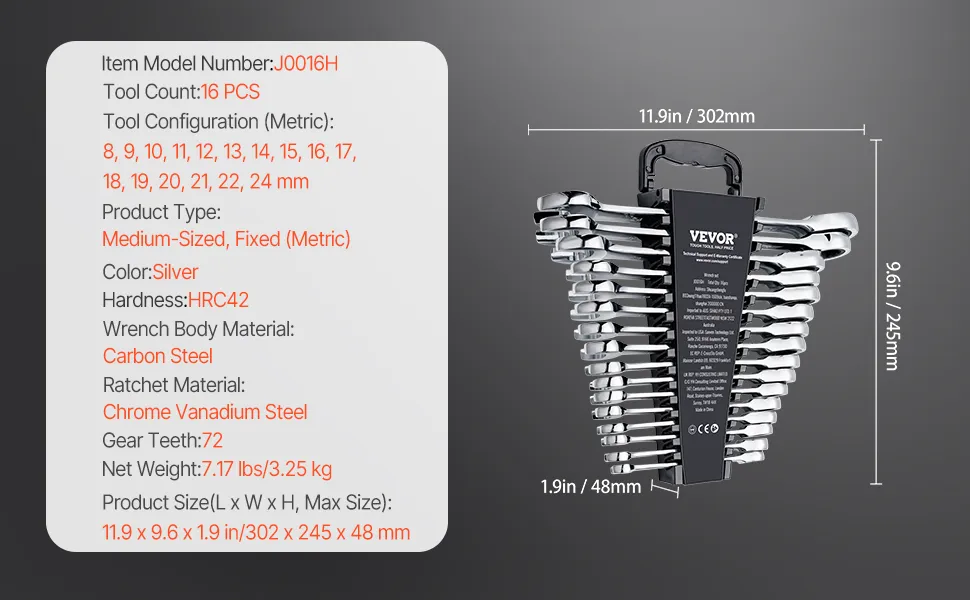 VEVOR Combination Wrench Set 16-Piece Metric 8 mm to 24 mm with Organizer Rack