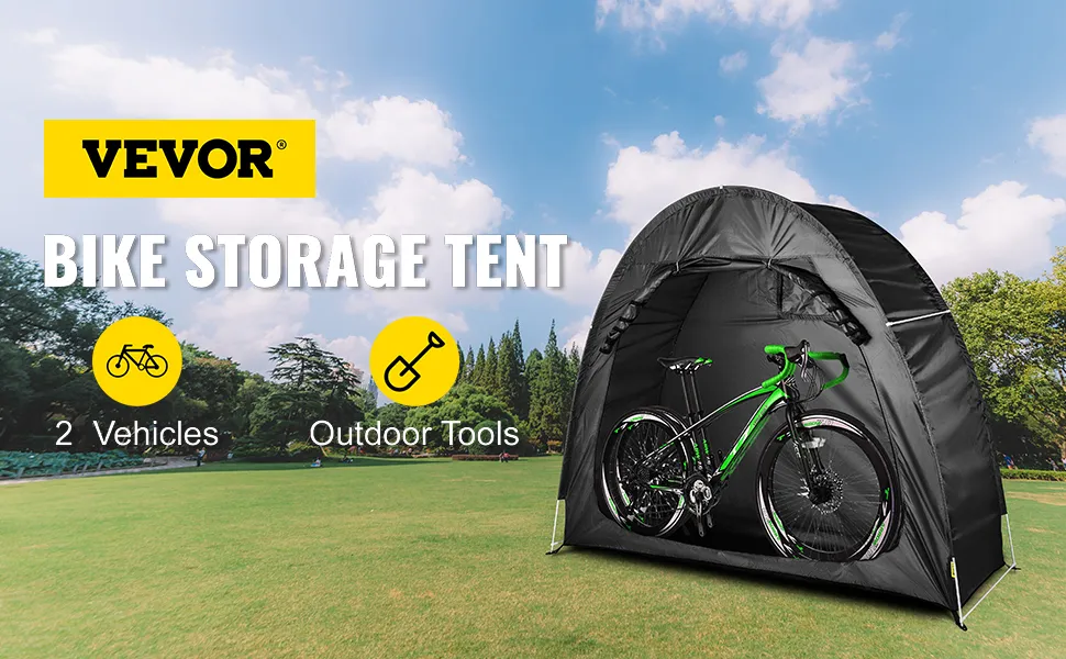 VEVOR bike cover storage tent with a green bike inside on a sunny day.