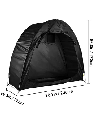 VEVOR bike cover storage tent in black, 78.7in x 29.5in x 66.9in dimensions.