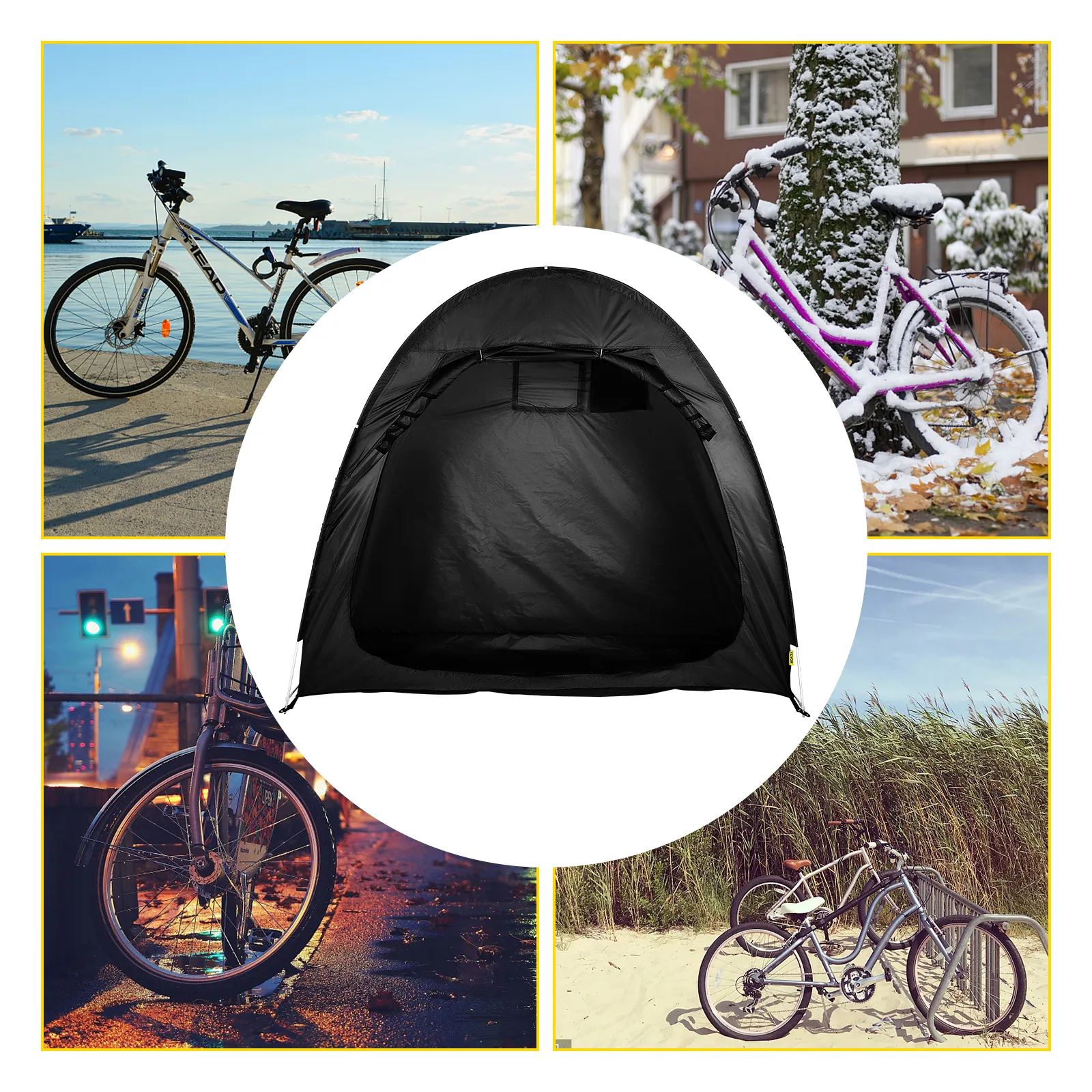 VEVOR bike cover storage tent with bicycles in various weather conditions.