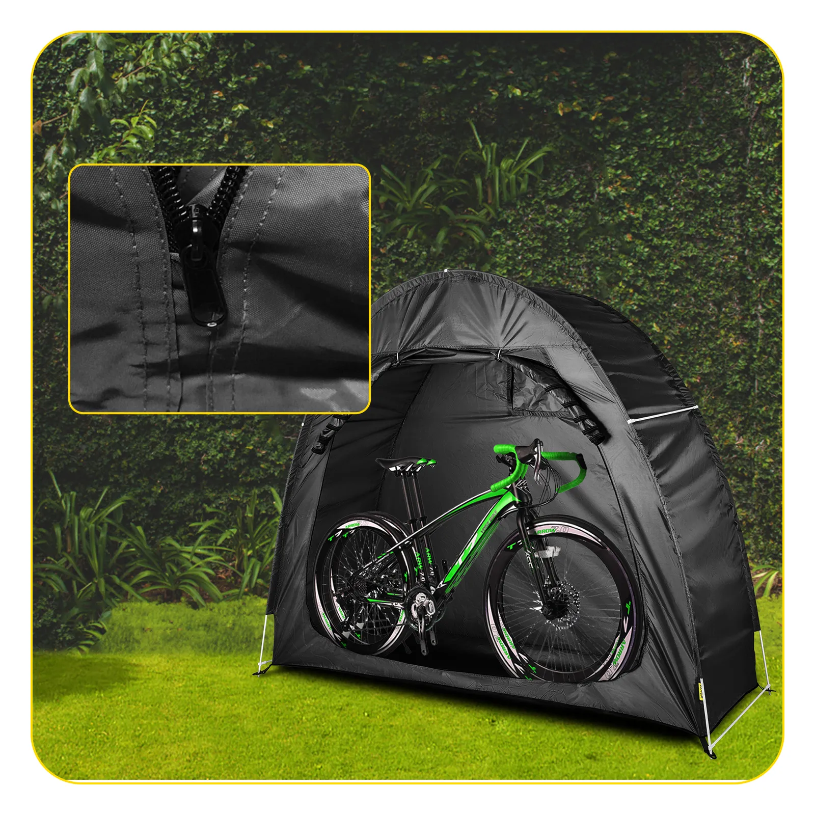 VEVOR bike cover storage tent protecting green bike with close-up of zipper detail.