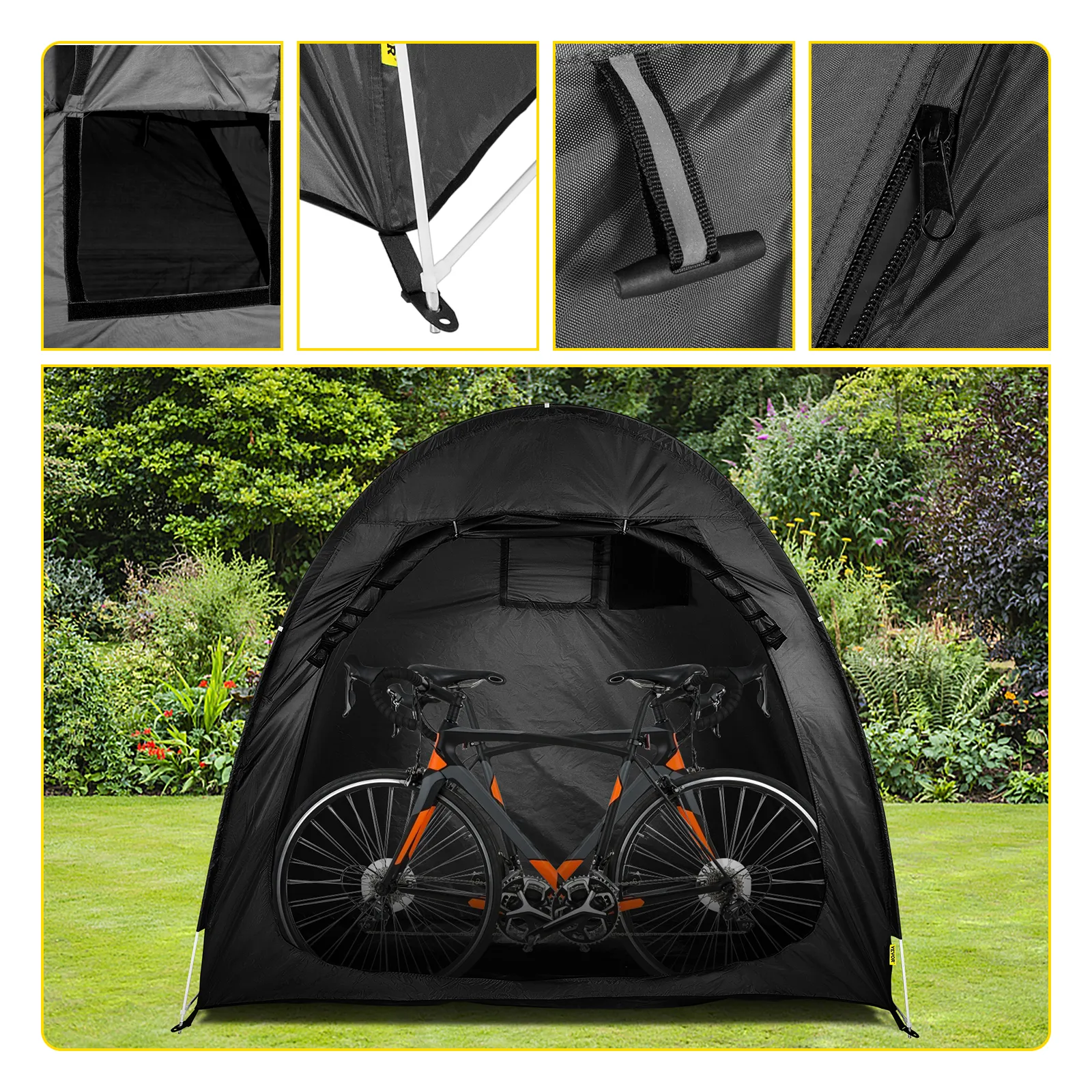 VEVOR bike cover storage tent in a garden, showcasing zippers and pole details.