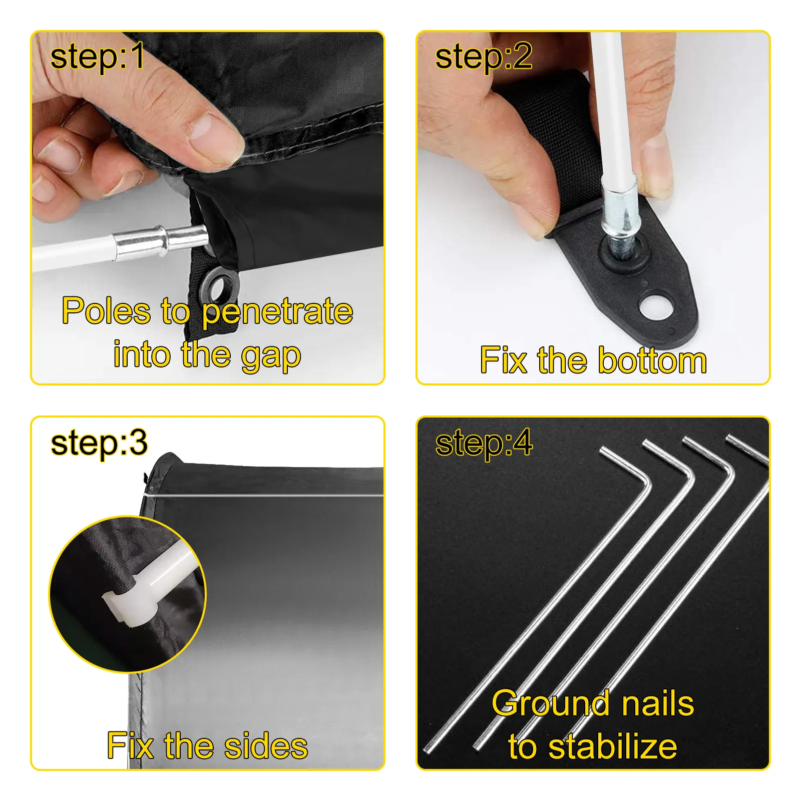VEVOR bike cover storage tent setup steps: poles, fixing bottom, sides, and ground nails.