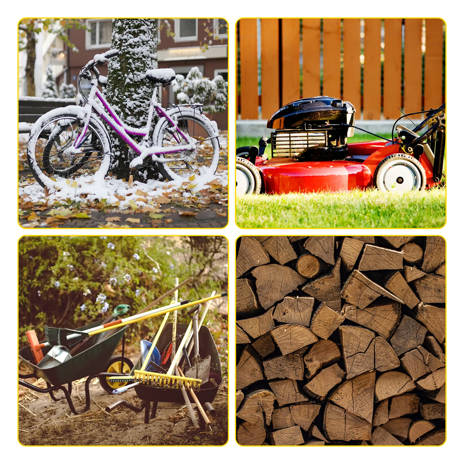 snow-covered bike, red lawn mower, wheelbarrow with garden tools, stacked firewood. VEVOR bike cover storage tent