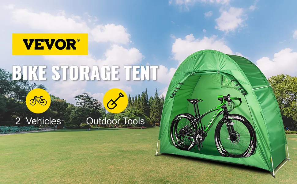 VEVOR green bike storage tent in a sunny park with a bicycle inside.