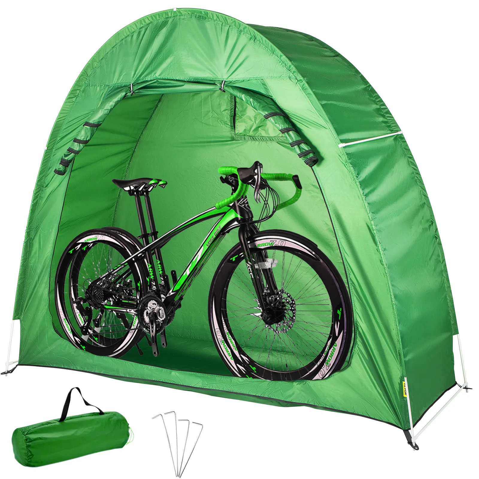 green VEVOR bike cover storage tent with bicycle inside and carrying bag with stakes.