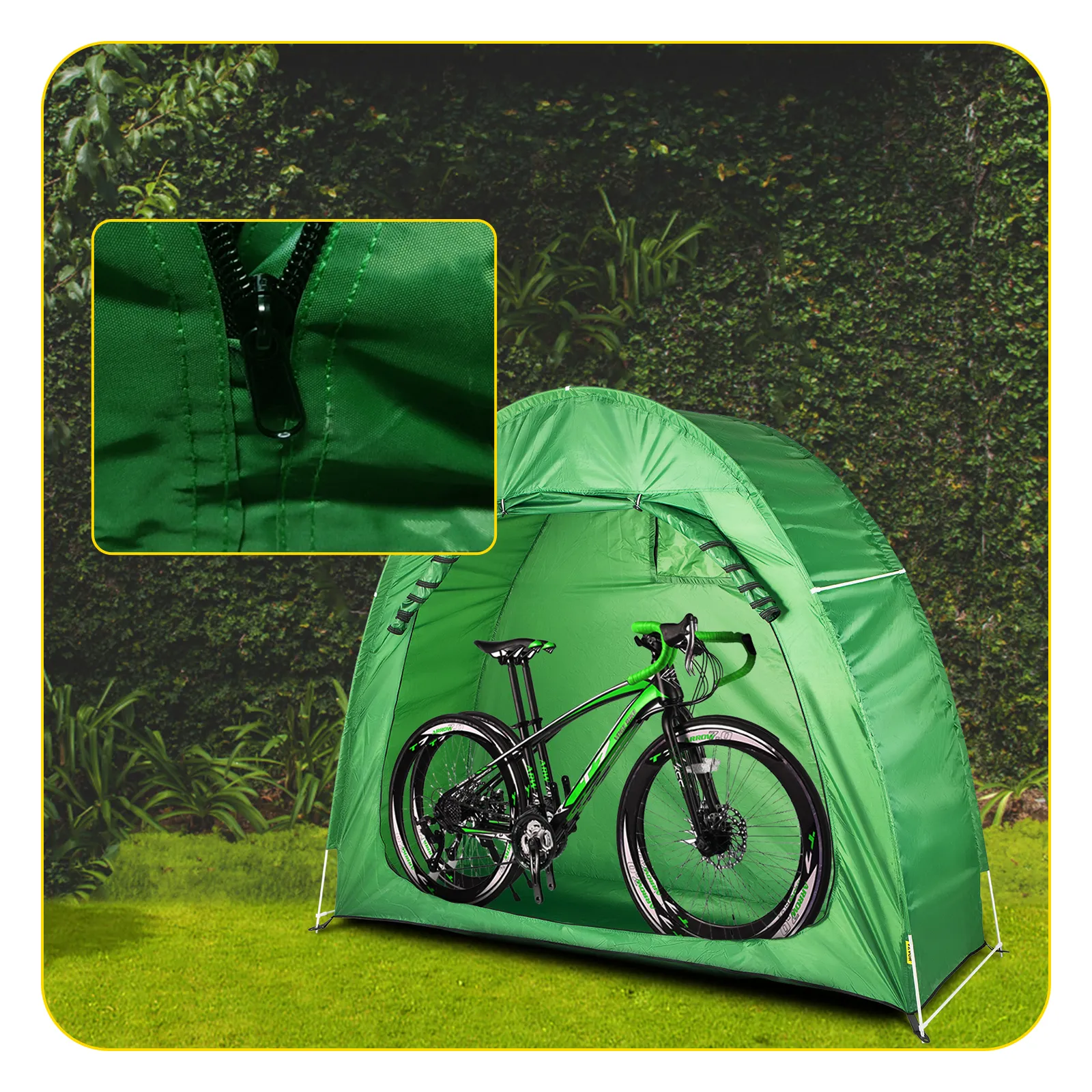 green VEVOR bike cover storage tent with zipper detail, housing a black and green bicycle.