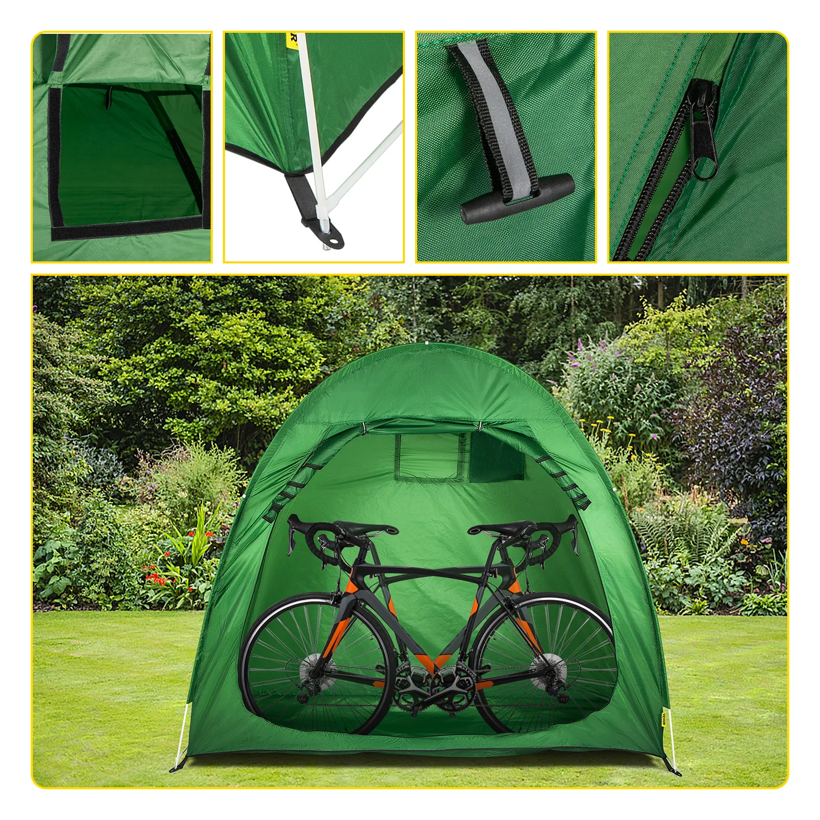 green VEVOR bike cover storage tent with zipper and pole details in garden setting.